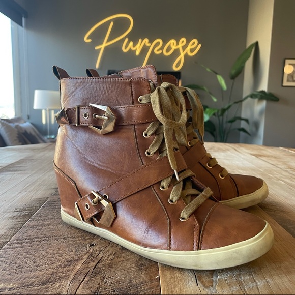 Cognac Vegan Leather Brown High Heel Sneakers - Picture 6 of 6